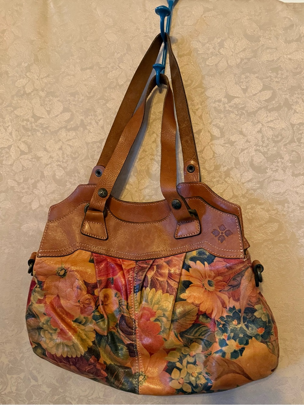 Patricia Nash Napoli Satchel Style in the "Spring Multi" pattern w/ Cognac Trim